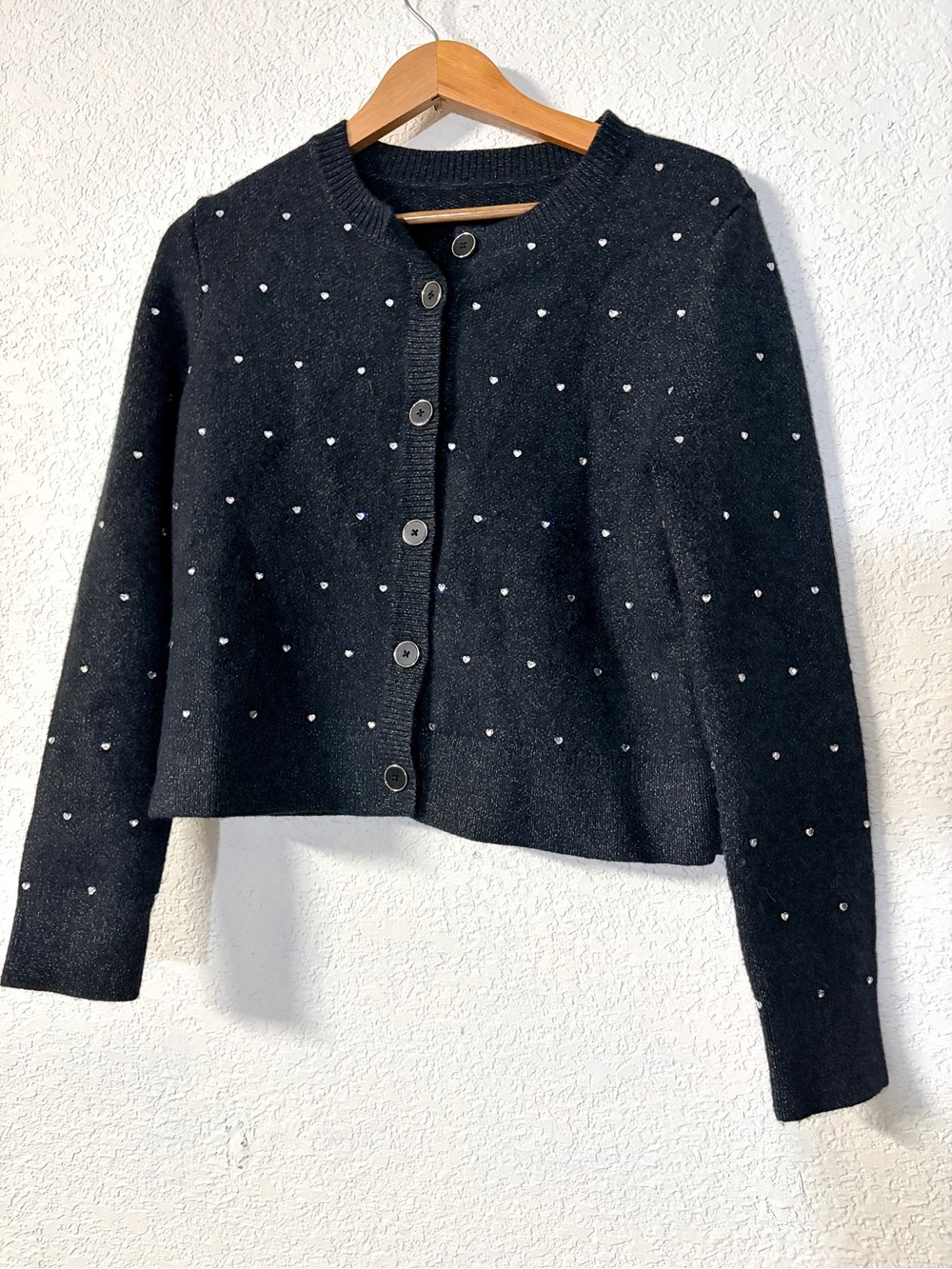 Black button up fall/winter Cardigan with sparkly Heart Rhinestone detail
